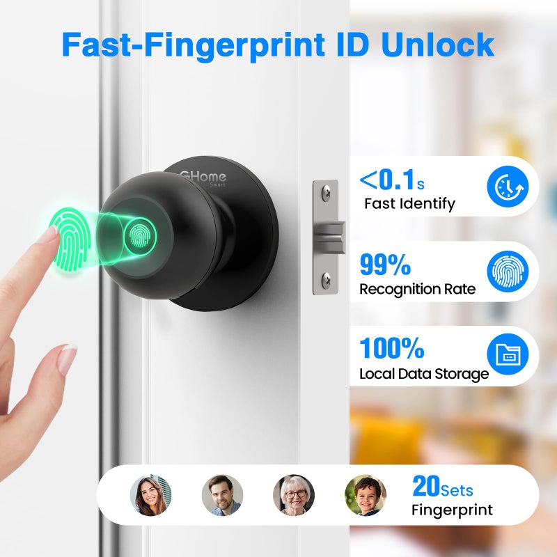 GHome Smart Fingerprint Door Lock  3 in 1 Smart Door Knob with App Control & Key & Keyless Thumbprint Entry  Type-C Port Emergency Charging  Biometric Lock for Bedroom  Garage  Apartment  Office - Image 3